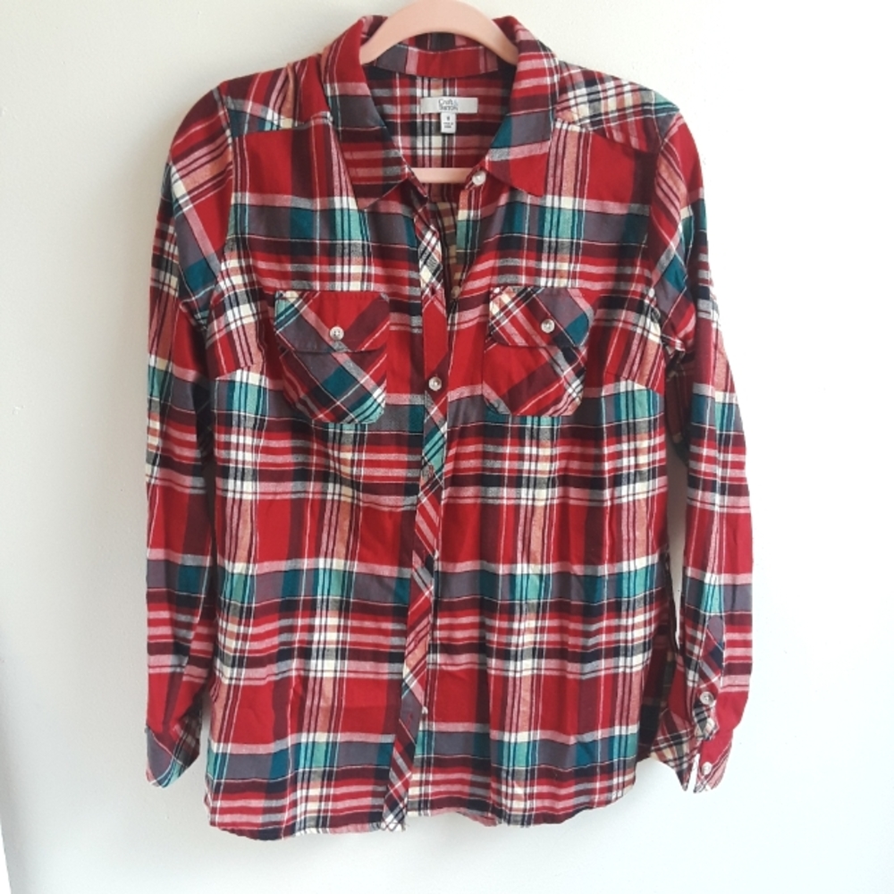 NWOT red and teal croft and barrow button up lightweight christmas flannel